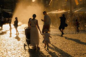 parents dans une rue d'été, avec fontaine